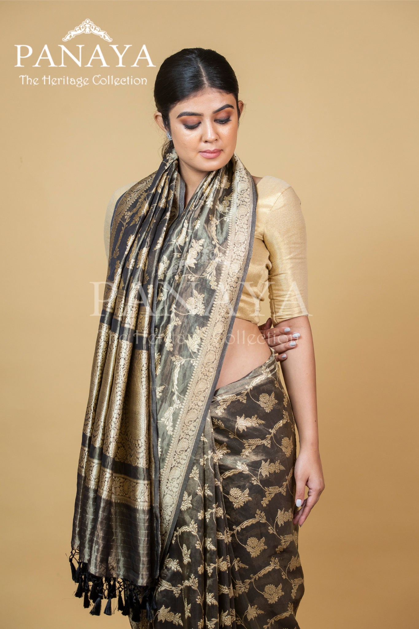 Tissue Silk Zaal Design With Gold Zari And Kairi Anchal