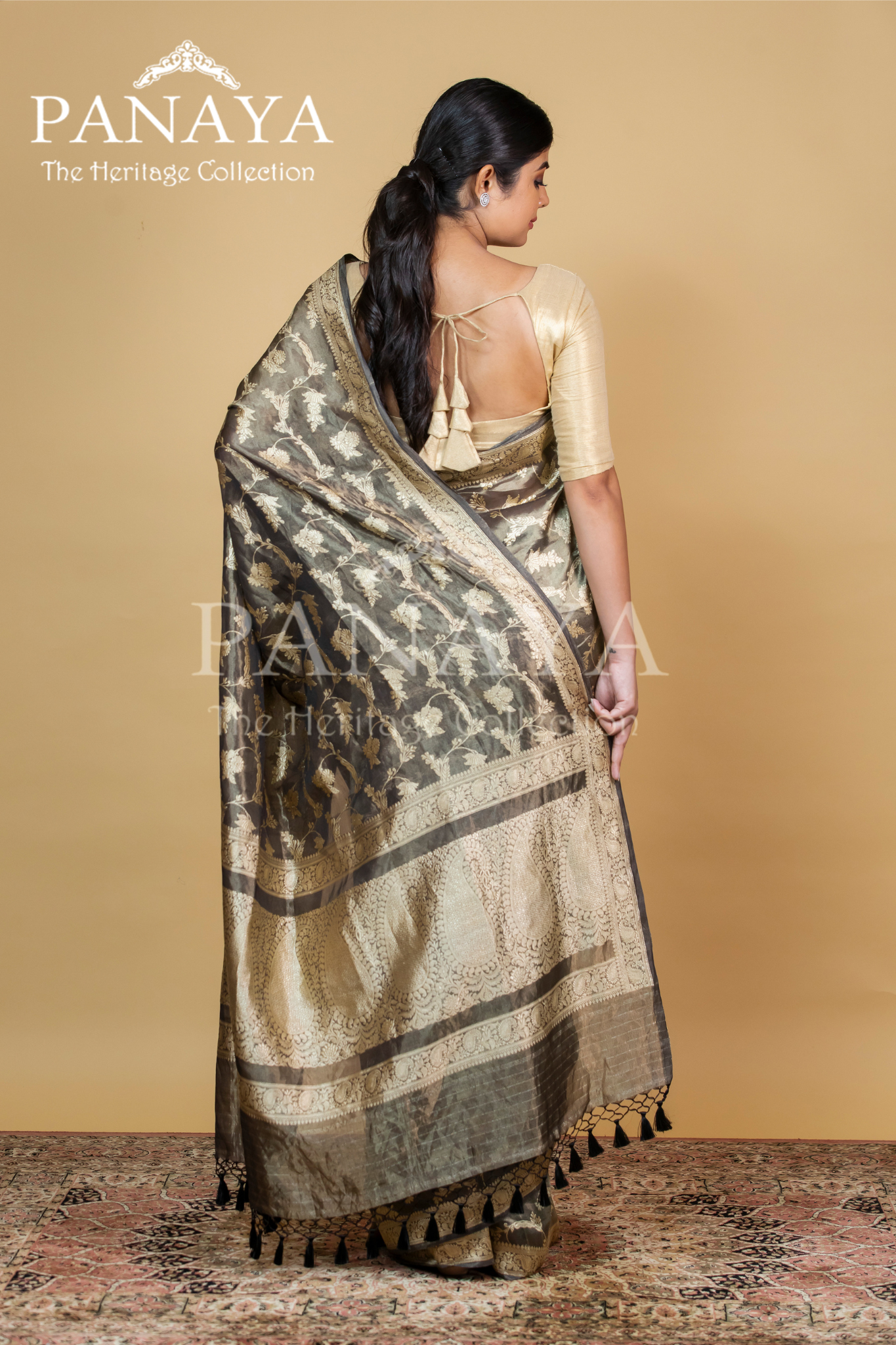 Tissue Silk Zaal Design With Gold Zari And Kairi Anchal