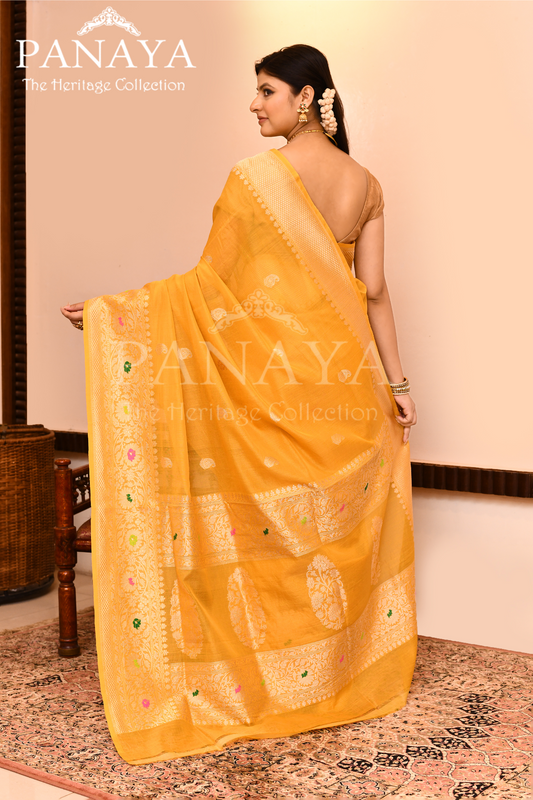 Saree Kora Cotton Silk With Banarasi aanchal & Border with Meenedar Booti