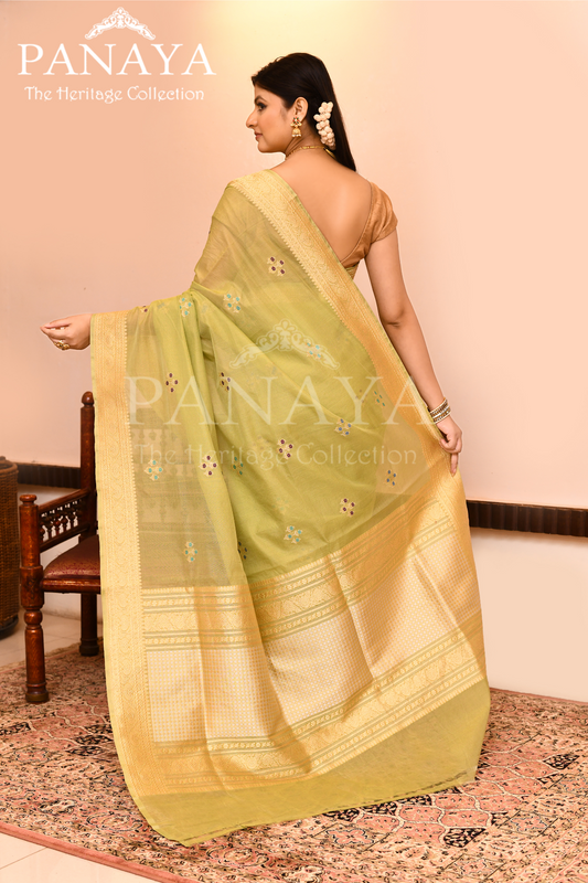 Saree Kora Cotton Silk With Banarasi aanchal & Border with Meenedar Booti
