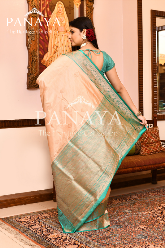 Saree Katan Silk with Contrast Banarasi Aanchal & Border with Gold Zari Boota Design