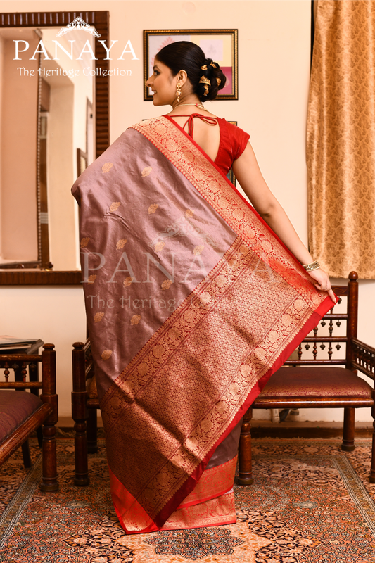 Saree Katan Silk with Contrast Banarasi Aanchal & Border with Gold Zari Boota Design