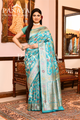Saree Katan Silk Semi Handwoven with Banrasi Aanchal & Border with Gold & Silver Meenedar Jaal Design