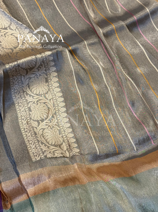 Saree Katan Tisshue Silk Saree with Banarsi Aanchal Border with multi color booti design