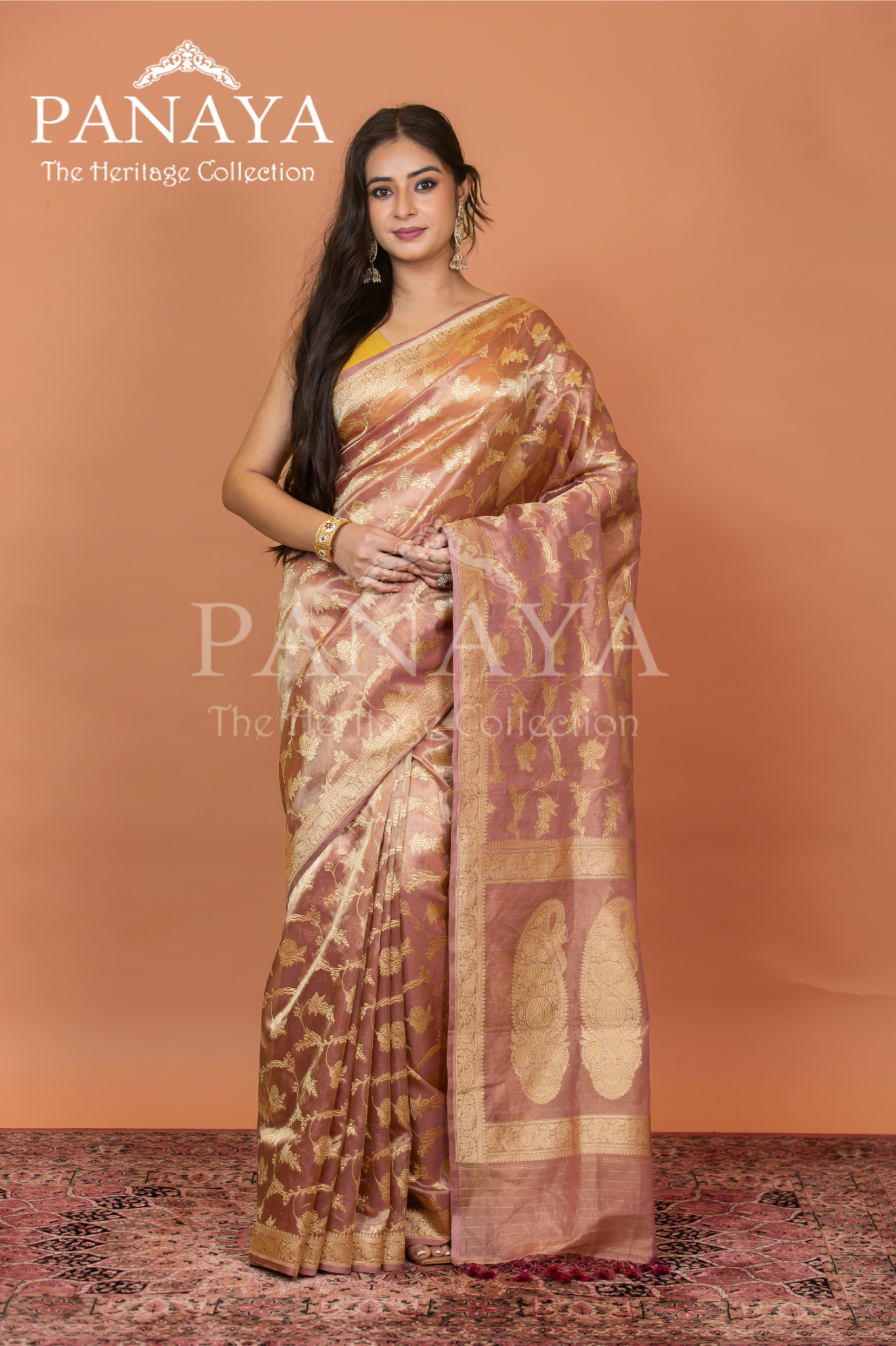 Tissue Silk Zaal Design With Gold Zari And Kairi Anchal