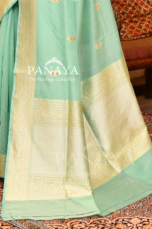 Saree Kora Cotton Silk With Banarasi aanchal & Border with Meenedar Booti