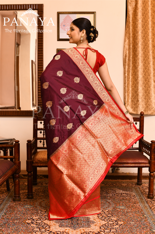 Saree Katan Silk with Contrast Banarasi Aanchal & Border with Gold Zari Boota Design