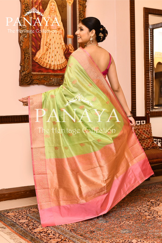 Saree Katan Silk with Contrast Banarasi Aanchal & Border with Gold Zari Boota Design