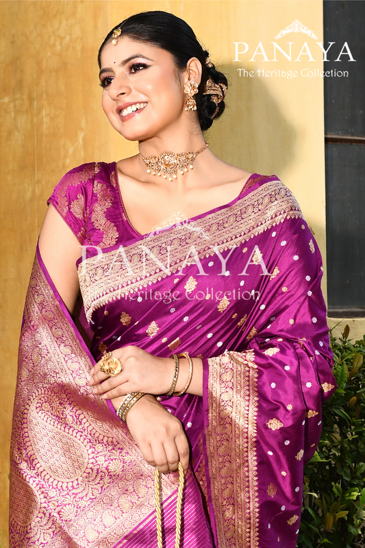 Saree Katan Silk Handwoven with Banrasi Aanchal & Border with Gold & Silver Booti