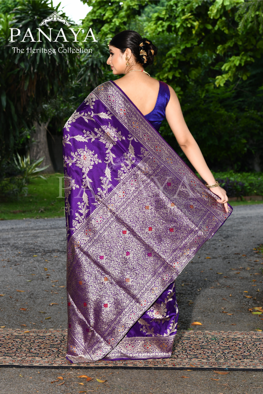 Saree Katan Silk Handwoven with Banrasi Aanchal & Border with Gold & Silver Meenedar Jaal Design