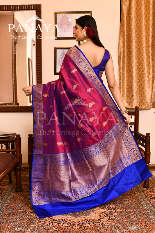 Saree Katan Silk with Contrast Banarasi Aanchal & Border with Gold Zari Boota Design