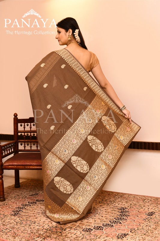 Saree Kora Cotton Silk With Banarasi aanchal & Border with Meenedar Booti