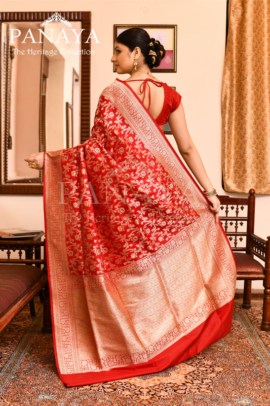 Saree Katan Silk Semi Handwoven with Banrasi Aanchal & Border with Gold & Silver Meenedar Jaal Design