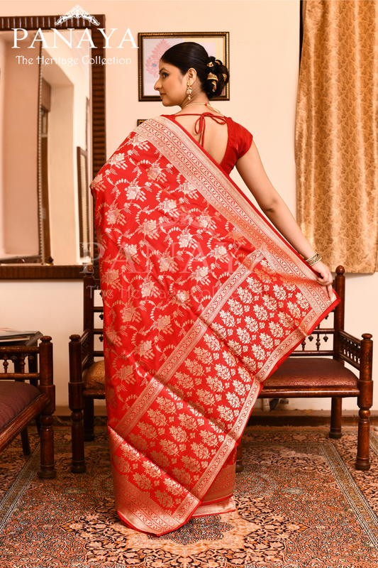 Saree Katan Silk Semi Handwoven with Banrasi Aanchal & Border with Gold & Silver Meenedar Jaal Design