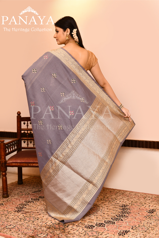 Saree Kora Cotton Silk With Banarasi aanchal & Border with Meenedar Booti