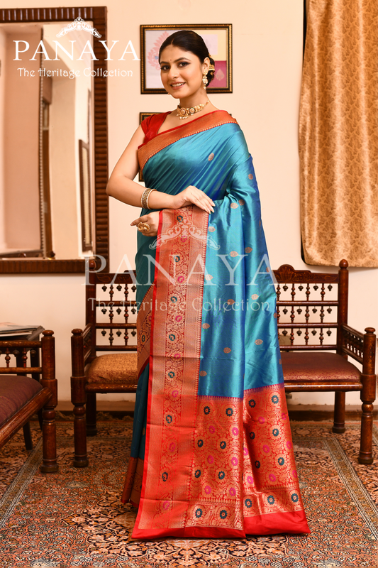 Saree Katan Silk with Contrast Banarasi Aanchal & Border with Gold Zari Boota Design