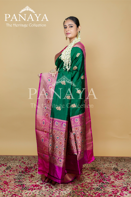Buti Work With Meenakari Anchal And Border With Contrast Pink Color