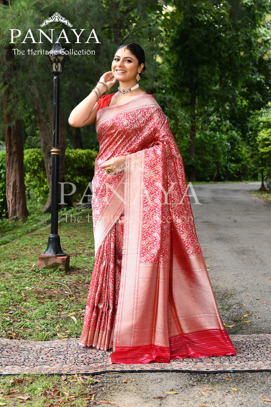 Saree Katan Silk Handwoven with Banrasi Aanchal & Border with Gold & Silver Meenedar Jaal Design