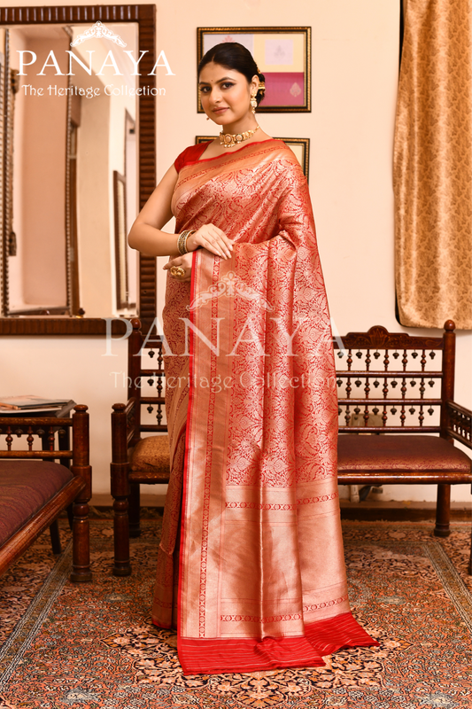 Saree Katan Silk Semi Handwoven with Banrasi Aanchal & Border with Gold & Silver Meenedar Jaal Design