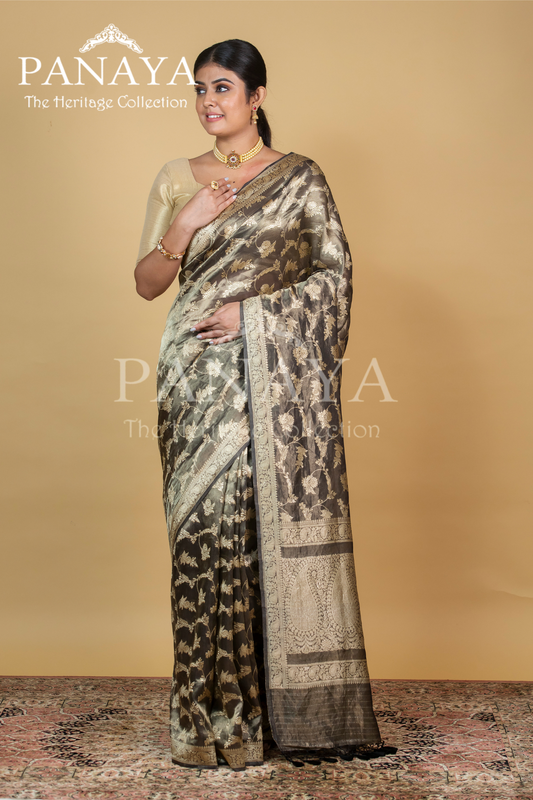 Tissue Silk Zaal Design With Gold Zari And Kairi Anchal