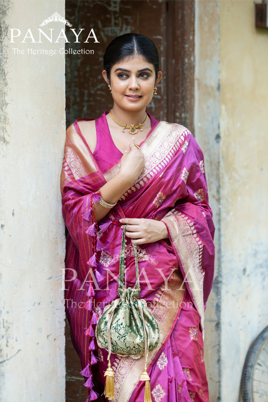 Handloom Katan Silk Kadwa Buti Work With Meenakari Banarasi Anchal And Border