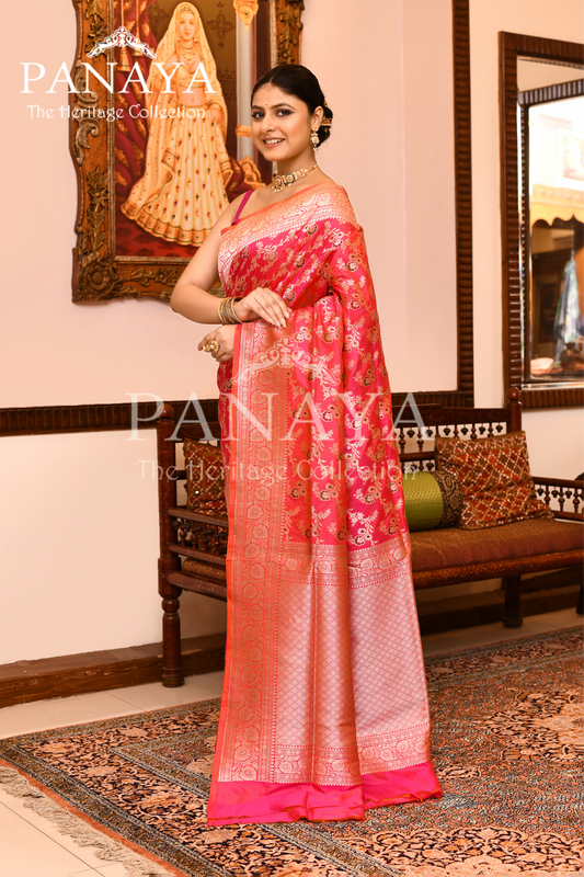 Saree Katan Silk Semi Handwoven with Banrasi Aanchal & Border with Gold & Silver Meenedar Jaal Design