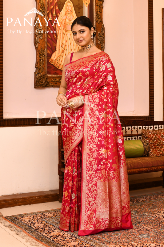 Saree Katan Silk Handwoven with Banrasi Aanchal & Border with Gold & Silver Meenedar Jaal Design