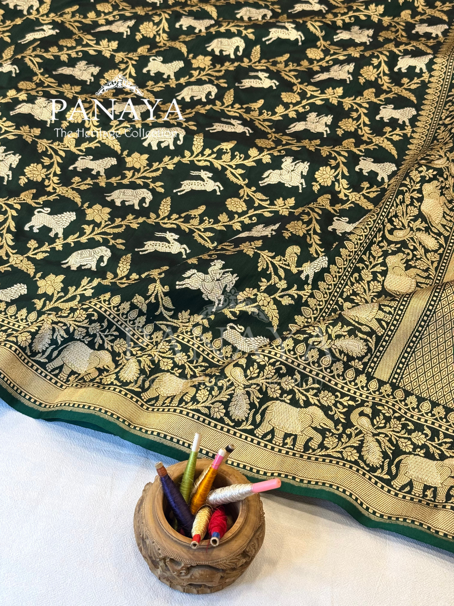 Saree Katan Silk Shikargah Design with Banarasi aanchal & Border with gold & Silver Zari Work