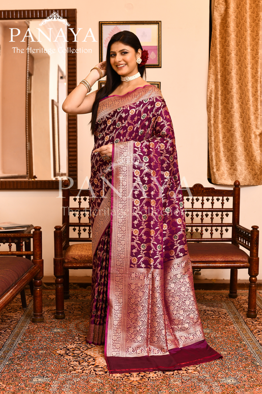 Saree Katan Silk Semi Handwoven with Banrasi Aanchal & Border with Gold & Silver Meenedar Jaal Design
