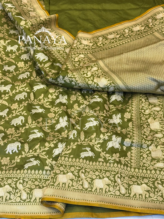 Saree Katan Silk Shikargah Design with Banarasi aanchal & Border with gold & Silver Zari Work