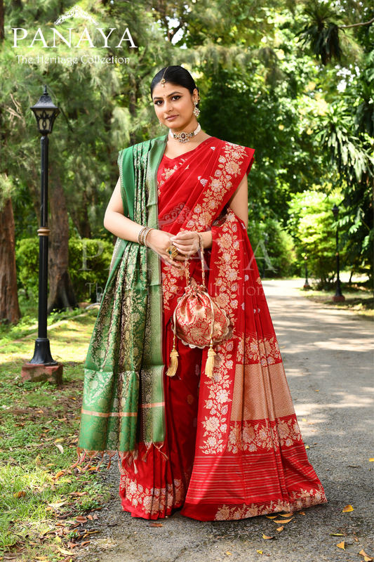 Saree Katan Silk Handwoven with Banrasi Aanchal & Border with Gold & Silver Booti