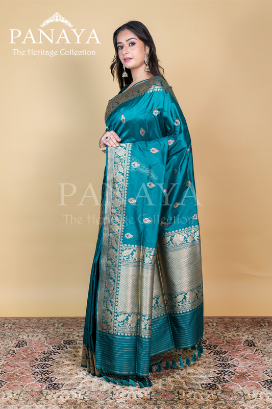 Meena Buti Katan Silk Handloom With Banarsi Anchal Zari Work Border