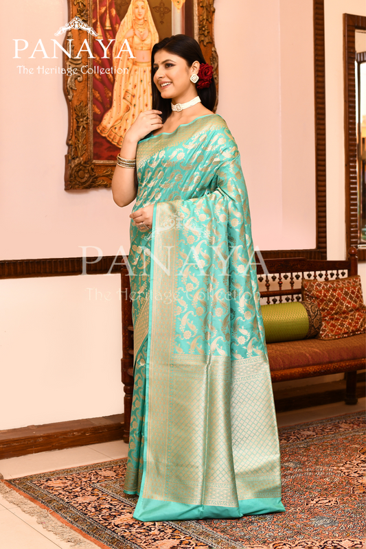 Saree Katan Silk Semi Handwoven with Banrasi Aanchal & Border with Gold & Silver  Jaal Design