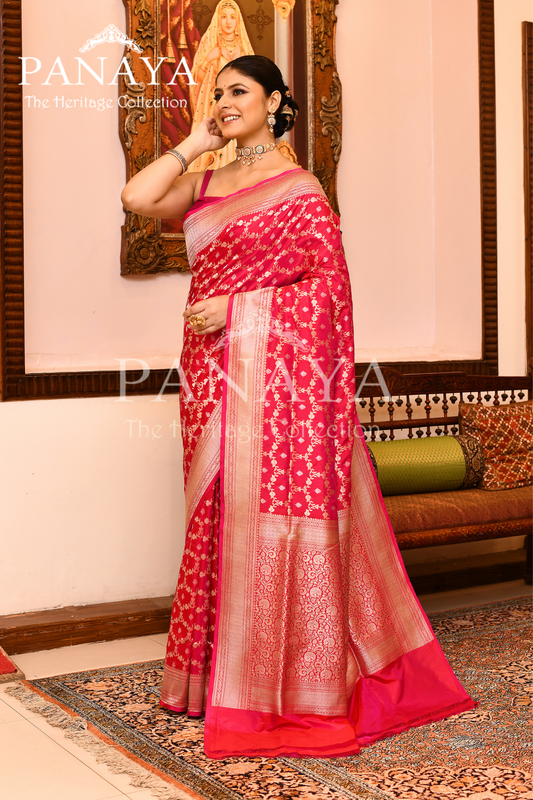 Saree Katan Silk Handwoven with Banrasi Aanchal & Border with Gold & Silver  Jaal Design
