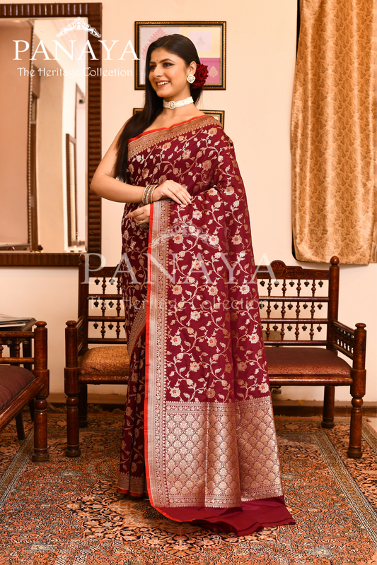 Saree Katan Silk Semi Handwoven with Banrasi Aanchal & Border with Gold & Silver Meenedar Jaal Design