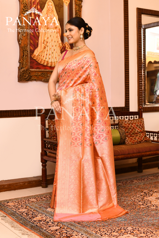 Saree Katan Silk Semi Handwoven with Banrasi Aanchal & Border with Gold & Silver Meenedar Jaal Design