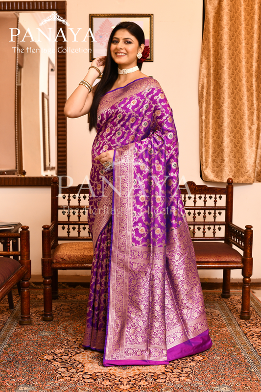 Saree Katan Silk Semi Handwoven with Banrasi Aanchal & Border with Gold & Silver Meenedar Jaal Design