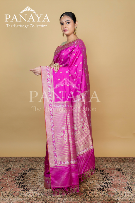 Handloom Katan Silk With Sona Rupa Butti With Banarasi Border And Anchal