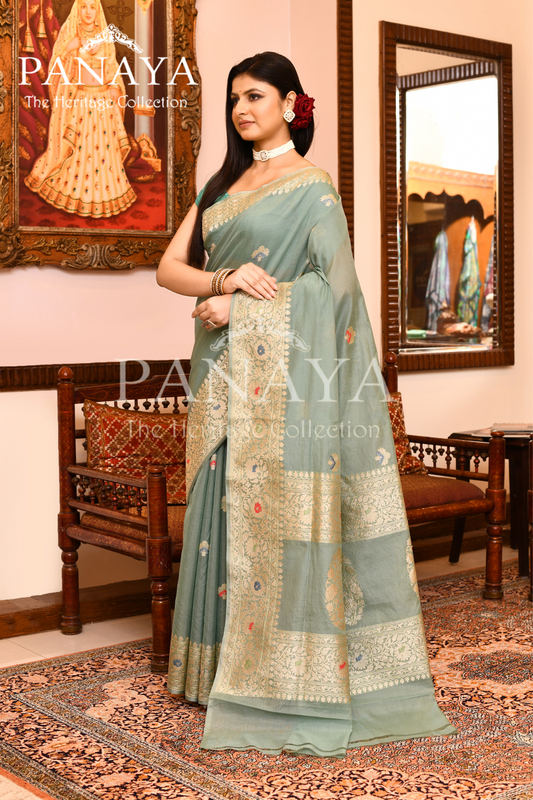 Saree Kora Cotton Silk With Banarasi aanchal & Border with Meenedar Booti