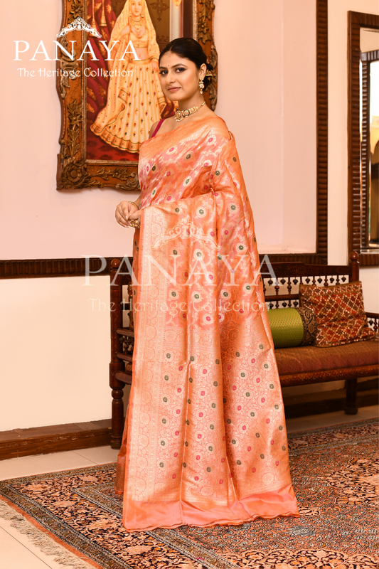 Saree Katan Silk Semi Handwoven with Banrasi Aanchal & Border with Gold & Silver Meenedar Jaal Design