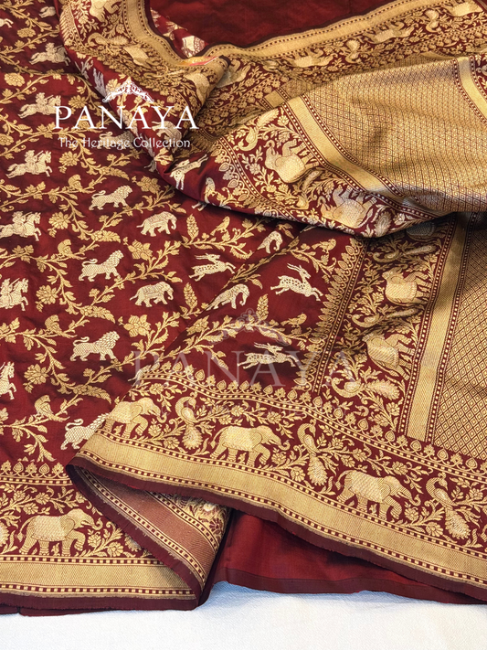 Saree Katan Silk Shikargah Design with Banarasi aanchal & Border with gold & Silver Zari Work
