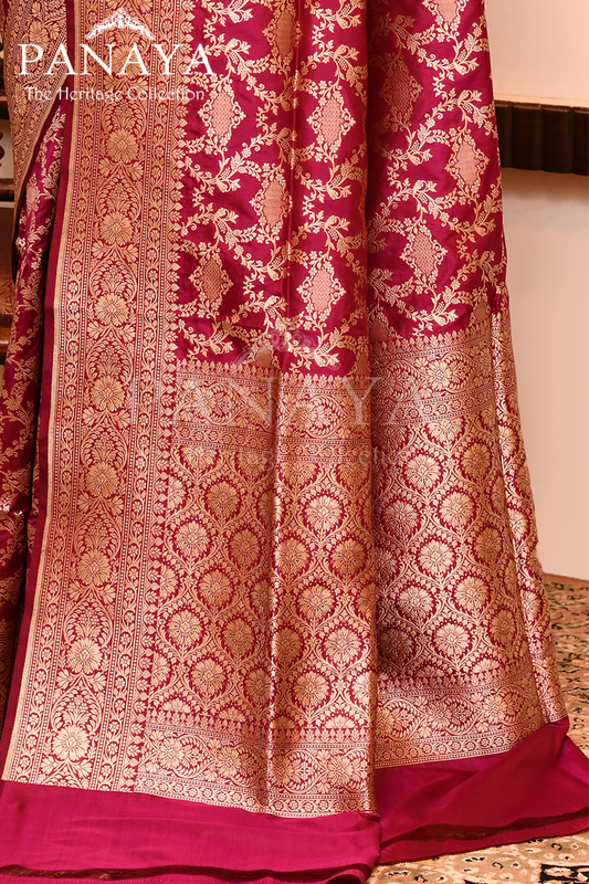 Saree Katan Silk Semi Handwoven with Banrasi Aanchal & Border with Gold & Silver Meenedar Jaal Design