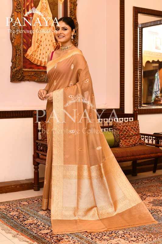 Saree Kora Cotton Silk With Banarasi aanchal & Border with Meenedar Booti