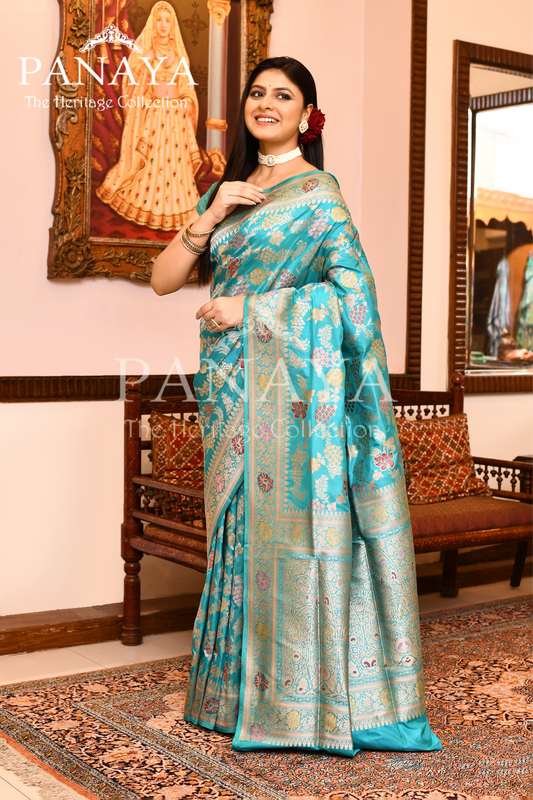 Saree Katan Silk Semi Handwoven with Banrasi Aanchal & Border with Gold & Silver Meenedar Jaal Design