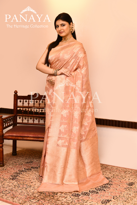 Saree Katan Silk Semi Handwoven with Banrasi Aanchal & Border with Gold & Silver Meenedar Jaal Design