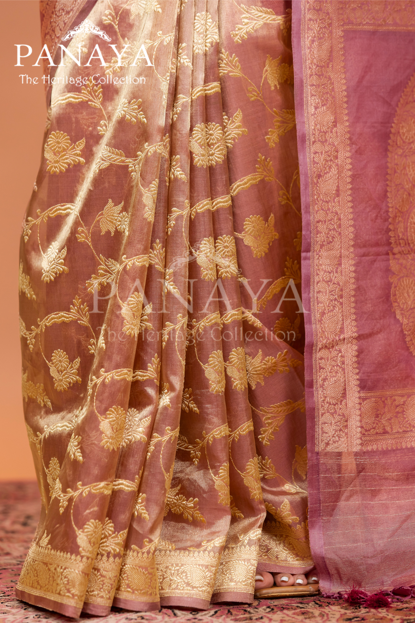 Tissue Silk Zaal Design With Gold Zari And Kairi Anchal