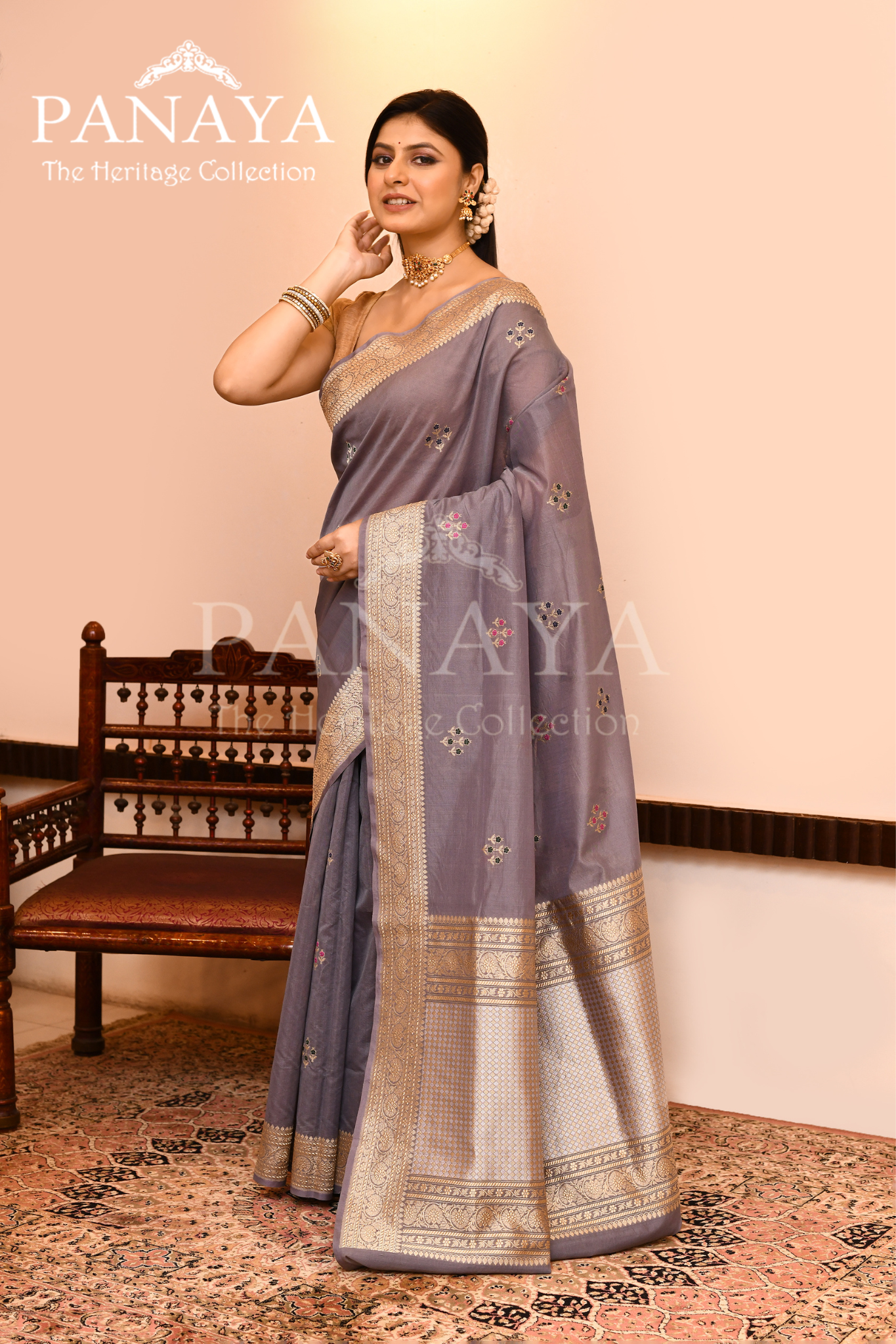 Saree Kora Cotton Silk With Banarasi aanchal & Border with Meenedar Booti