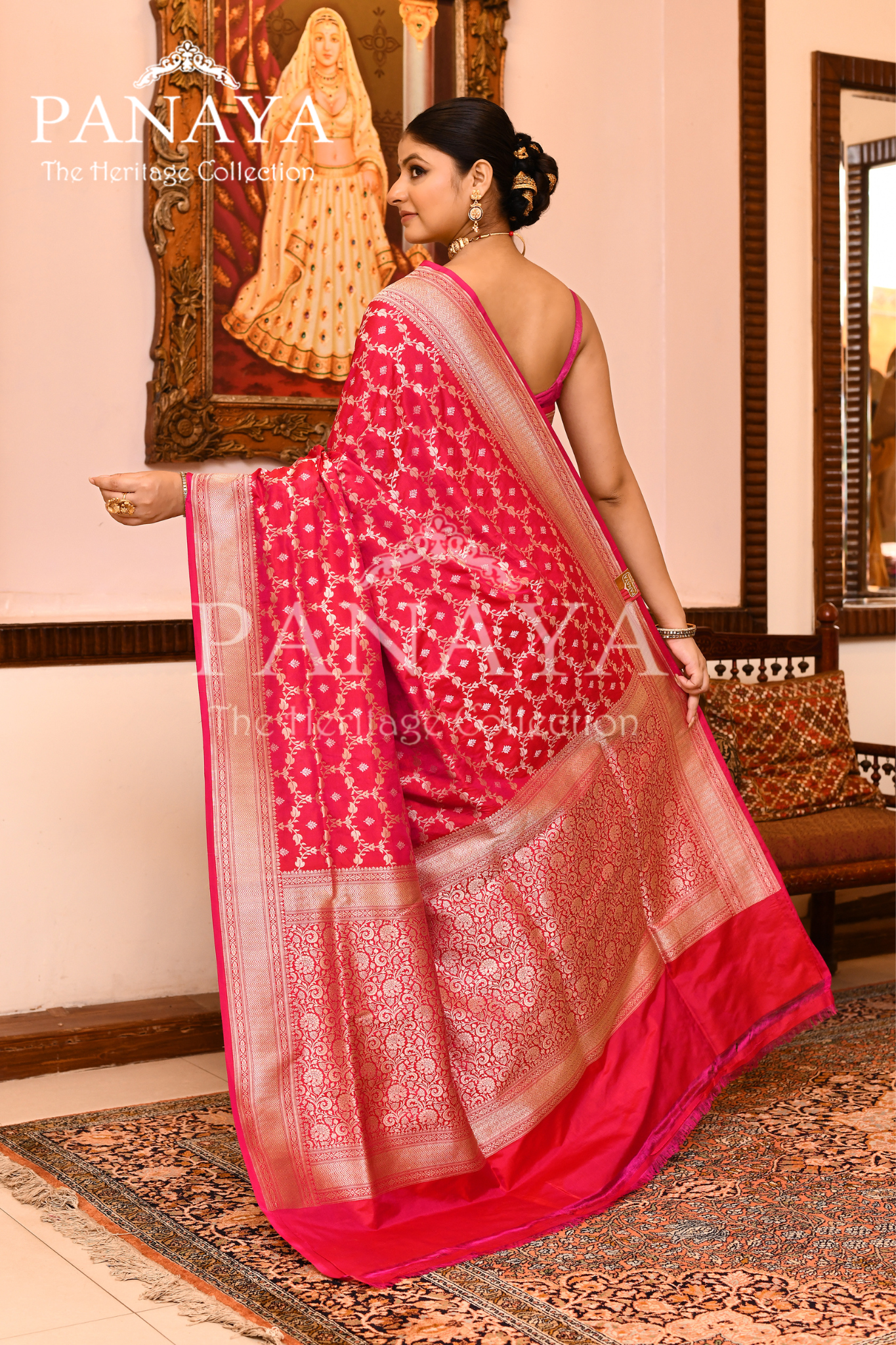 Saree Katan Silk Handwoven with Banrasi Aanchal & Border with Gold & Silver Jaal Design
