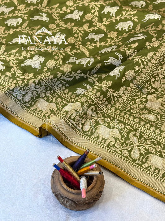 Saree Katan Silk Shikargah Design with Banarasi aanchal & Border with gold & Silver Zari Work