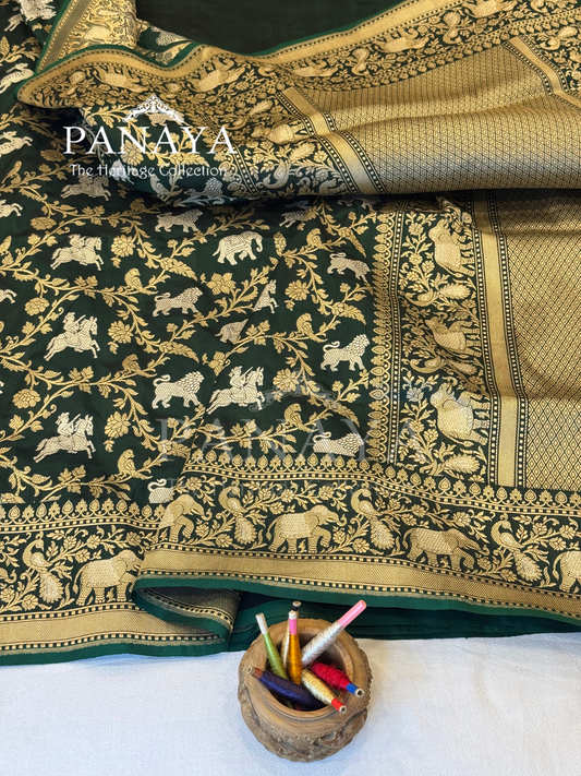 Saree Katan Silk Shikargah Design with Banarasi aanchal & Border with gold & Silver Zari Work